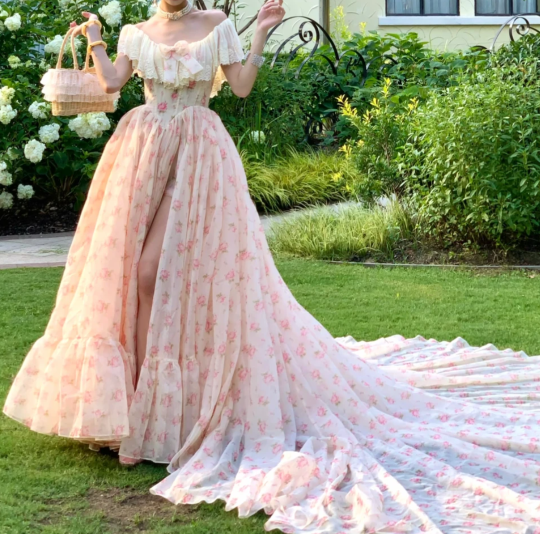 Sweet Off-Shoulder Pink Prom Dress Lace Floral Slit A-Line Formal Dress GG7045