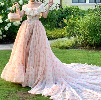 Sweet Off-Shoulder Pink Prom Dress Lace Floral Slit A-Line Formal Dress GG7045