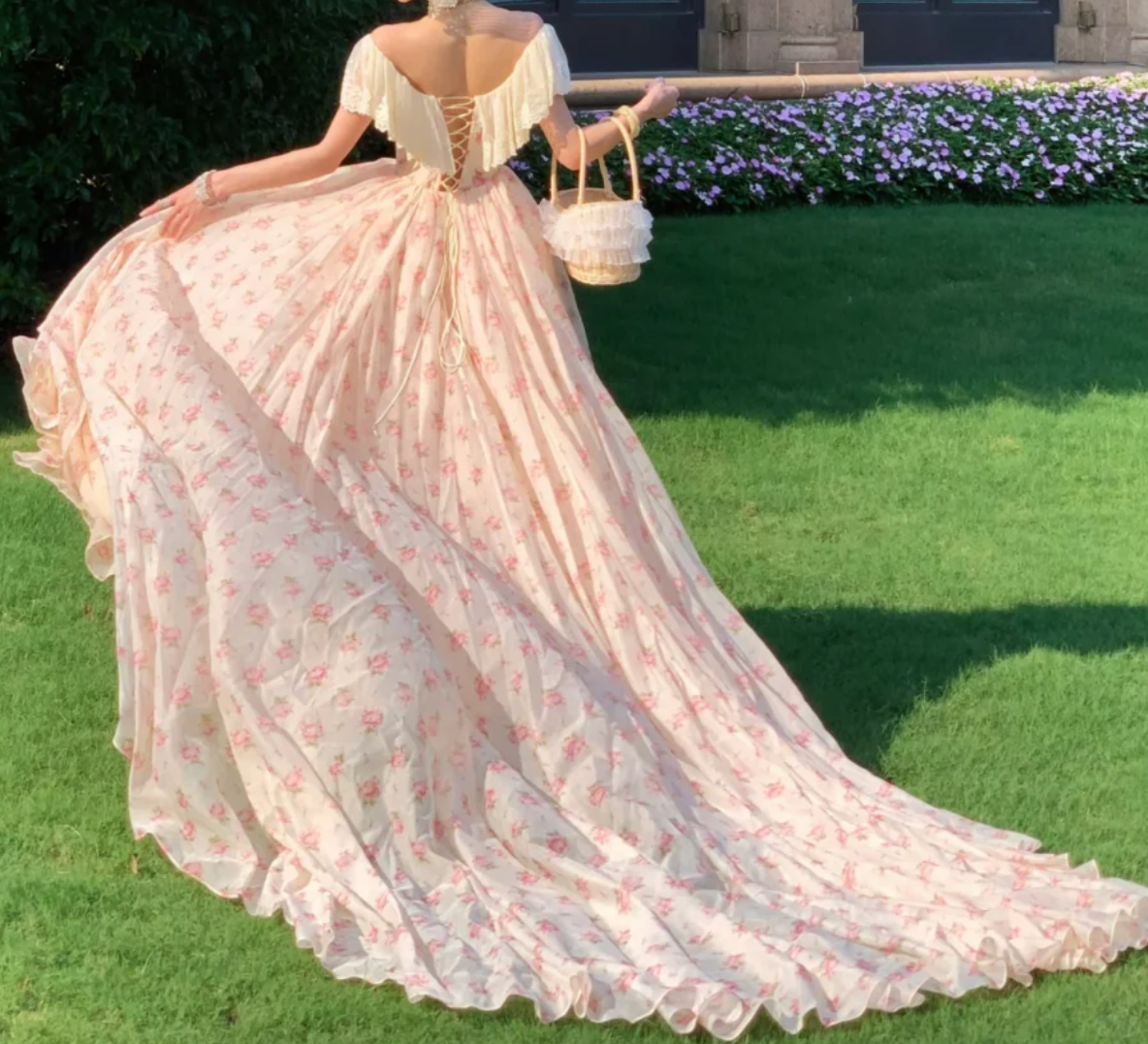 Sweet Off-Shoulder Pink Prom Dress Lace Floral Slit A-Line Formal Dress GG7045