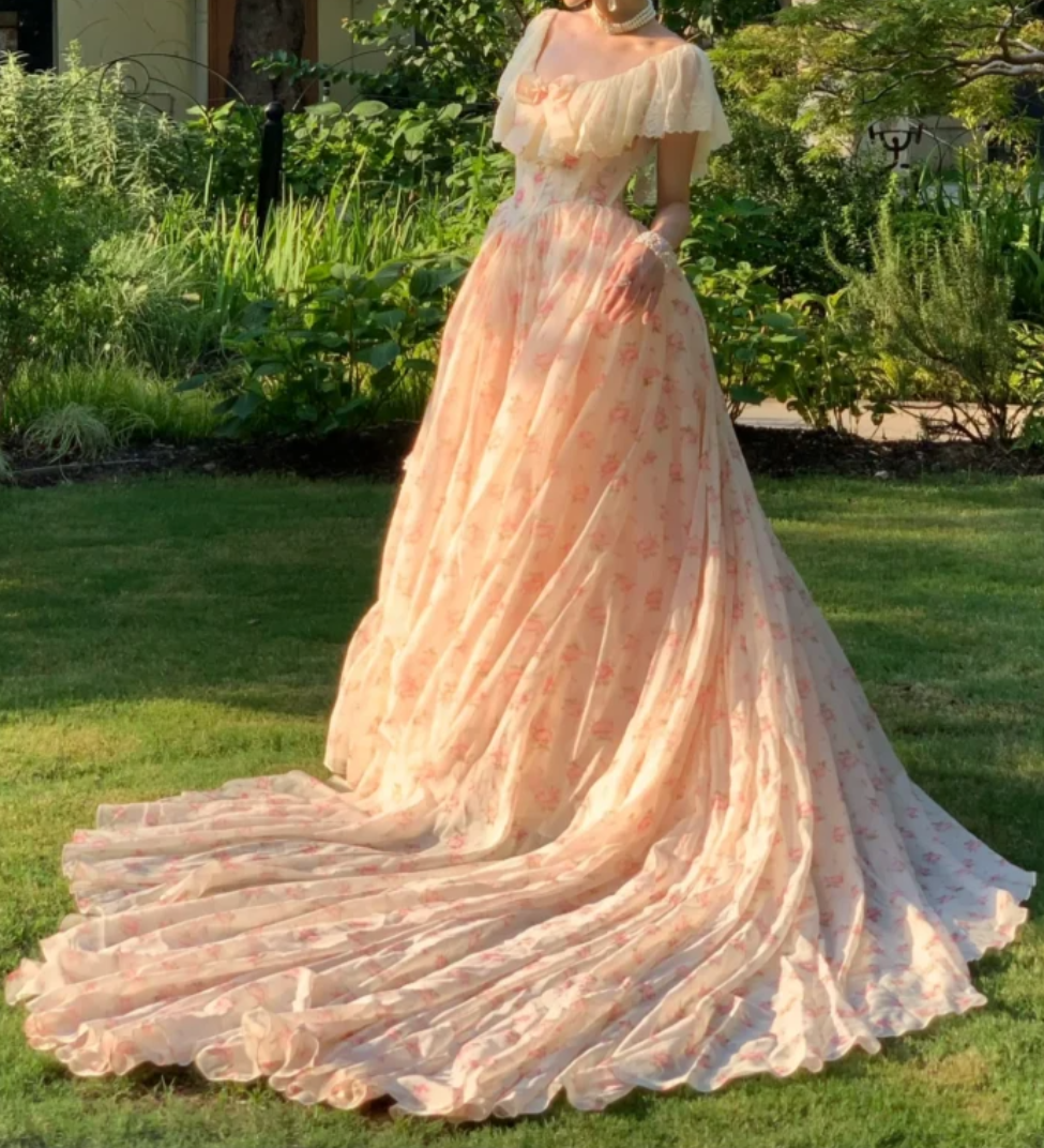 Sweet Off-Shoulder Pink Prom Dress Lace Floral Slit A-Line Formal Dress GG7045