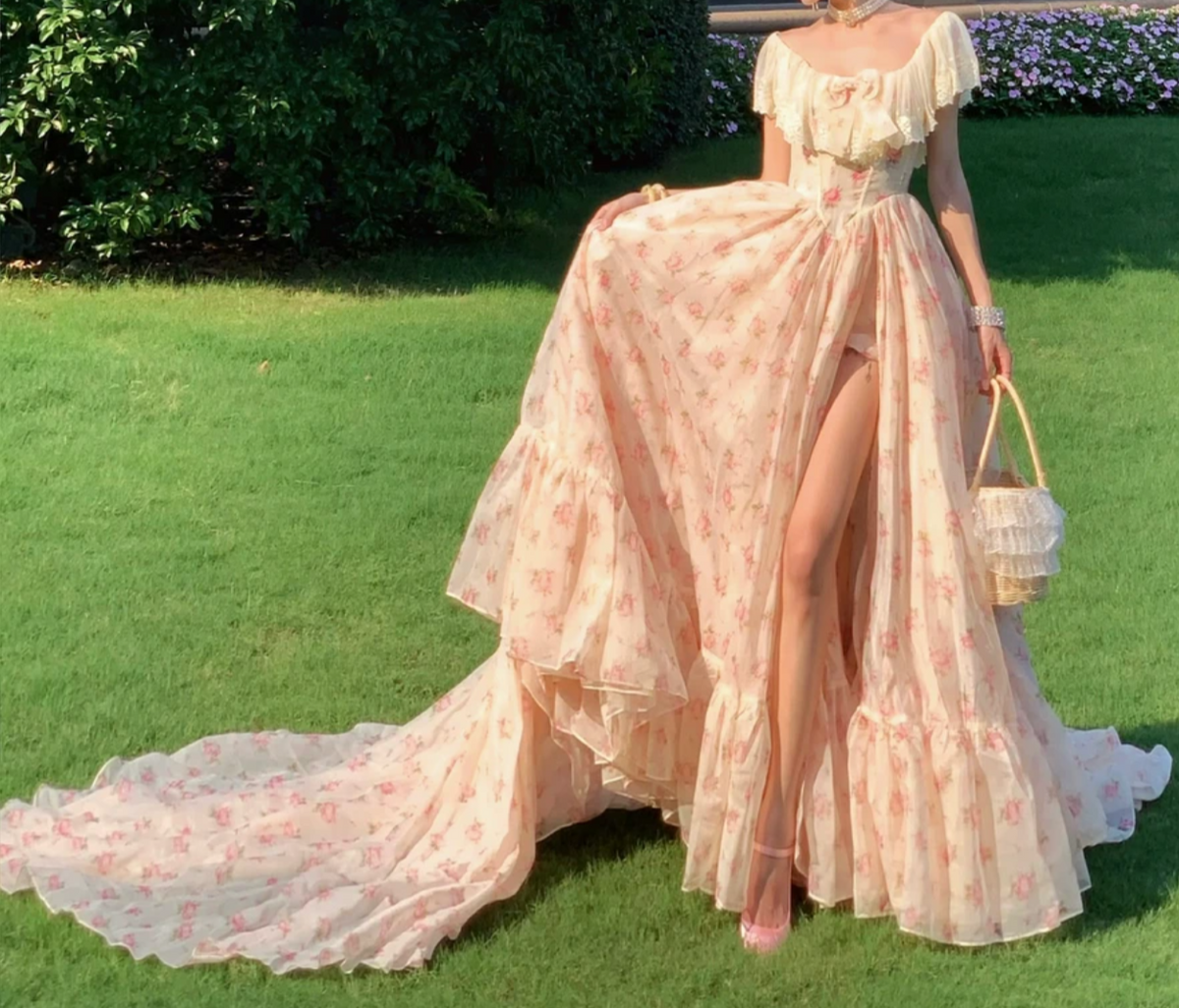 Sweet Off-Shoulder Pink Prom Dress Lace Floral Slit A-Line Formal Dress GG7045