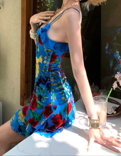 Fascinating Spaghetti Straps Homecoming Dress Blue Floral A-Line Birthday Dress GG7047