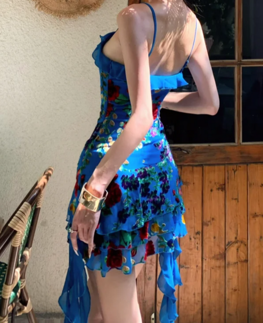 Fascinating Spaghetti Straps Homecoming Dress Blue Floral A-Line Birthday Dress GG7047