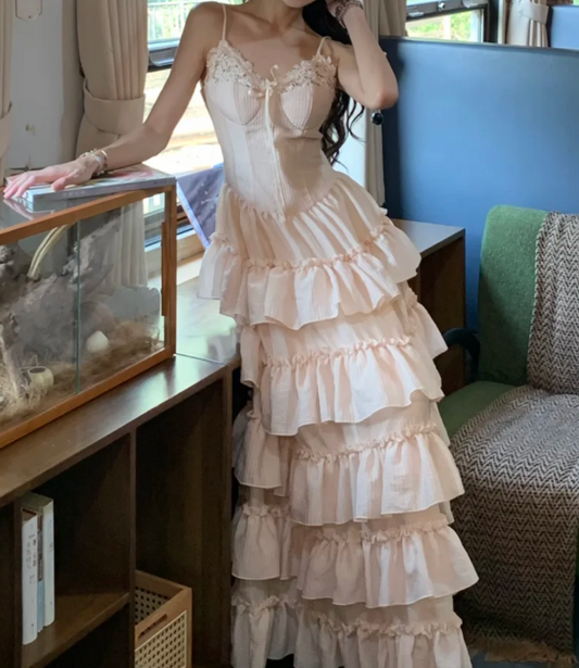 Adorable Spaghetti Strap Lace Prom Dress Pink Tiered A-Line Formal Dress GG7048