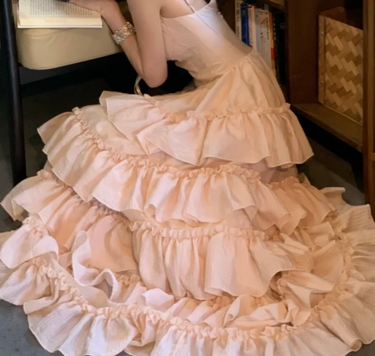Adorable Spaghetti Strap Lace Prom Dress Pink Tiered A-Line Formal Dress GG7048