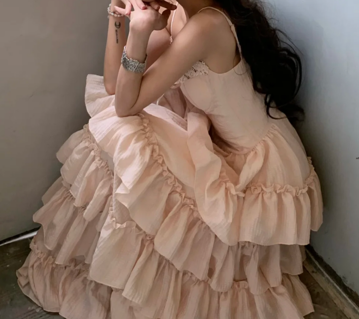 Adorable Spaghetti Strap Lace Prom Dress Pink Tiered A-Line Formal Dress GG7048