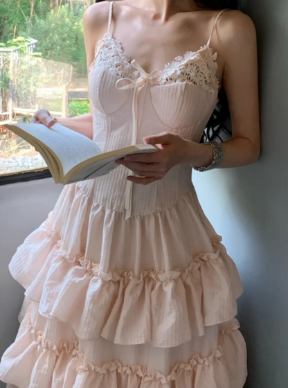 Adorable Spaghetti Strap Lace Prom Dress Pink Tiered A-Line Formal Dress GG7048