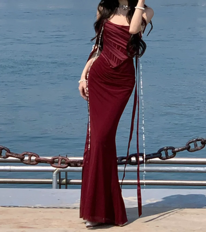 Playful Off-Shoulder Prom Dress Red Velvet Mermaid Formal Dress GG7049