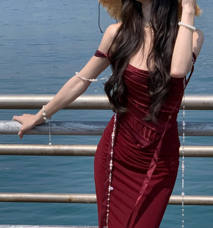 Playful Off-Shoulder Prom Dress Red Velvet Mermaid Formal Dress GG7049