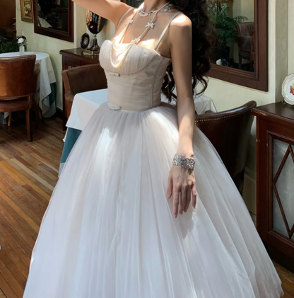 Vintage Spaghetti Strap White Prom Dress Tulle A-Line Formal Dress GG7050