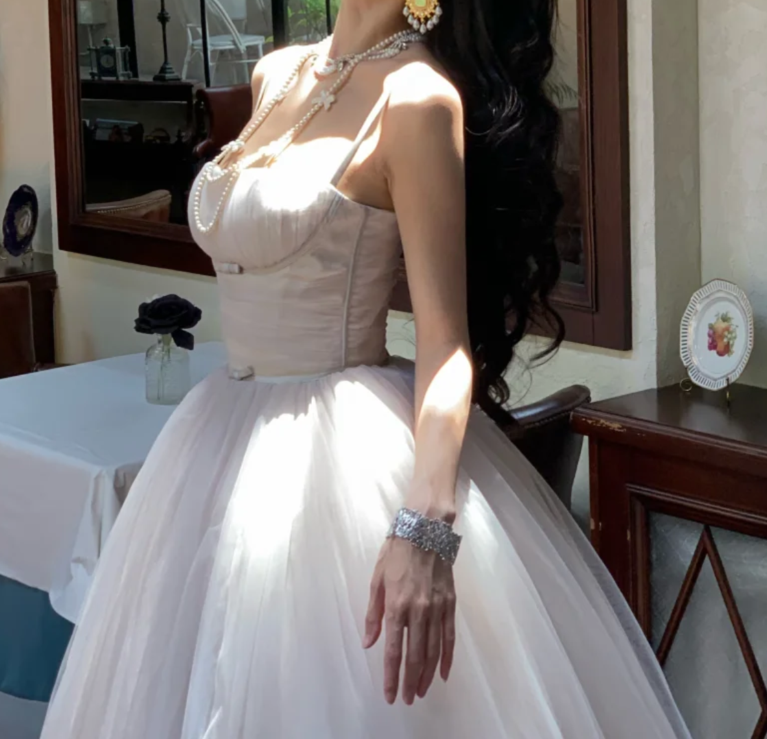 Vintage Spaghetti Strap White Prom Dress Tulle A-Line Formal Dress GG7050