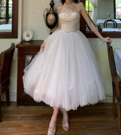 Vintage Spaghetti Strap White Prom Dress Tulle A-Line Formal Dress GG7050