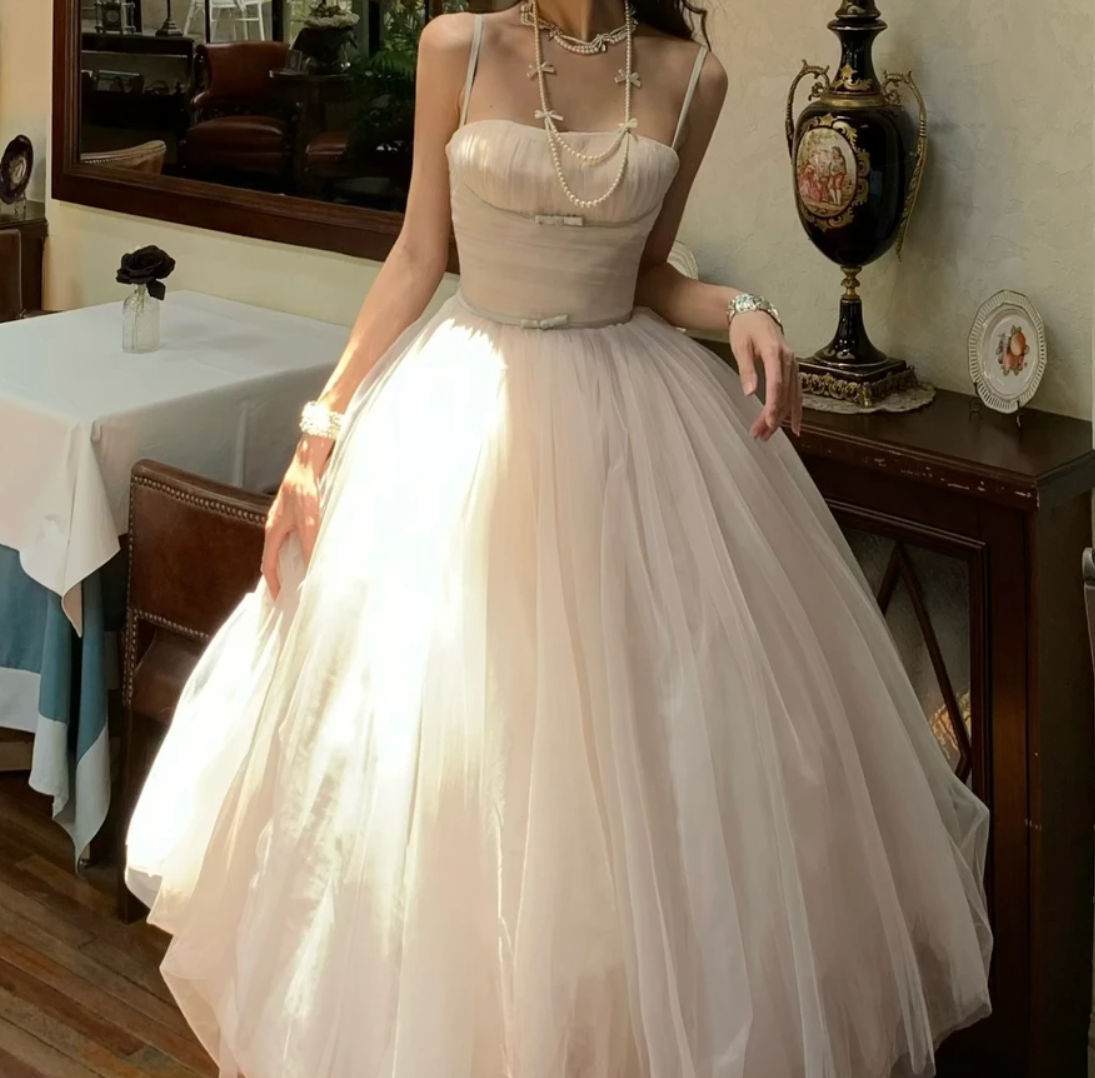 Vintage Spaghetti Strap White Prom Dress Tulle A-Line Formal Dress GG7050
