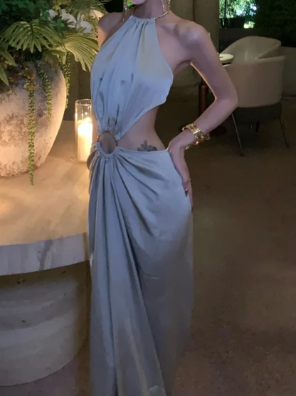 Vintage Halter Neck Gray Prom Dress Cutouts Sheath Formal Dress GG7051