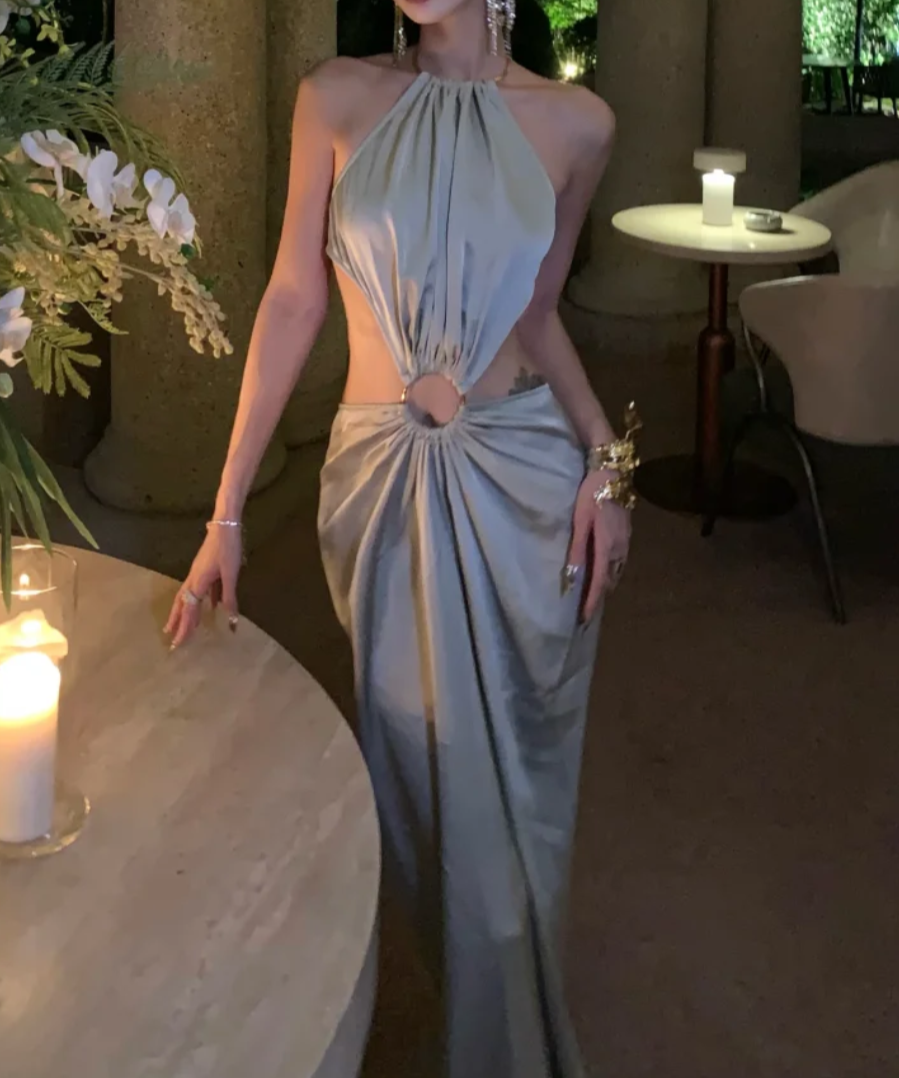 Vintage Halter Neck Gray Prom Dress Cutouts Sheath Formal Dress GG7051