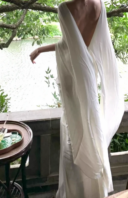 Unique V Neck White Prom Dress Backless Sheath Formal Dress GG7052