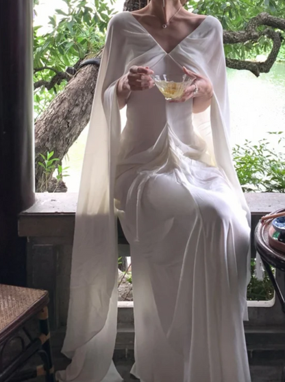 Unique V Neck White Prom Dress Backless Sheath Formal Dress GG7052