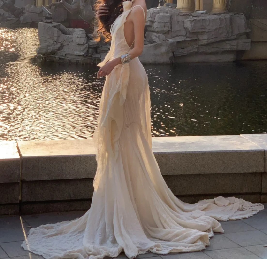 Ethereal Spaghetti Straps Prom Dress Lace Ruffles Mermaid Formal Dress GG7053