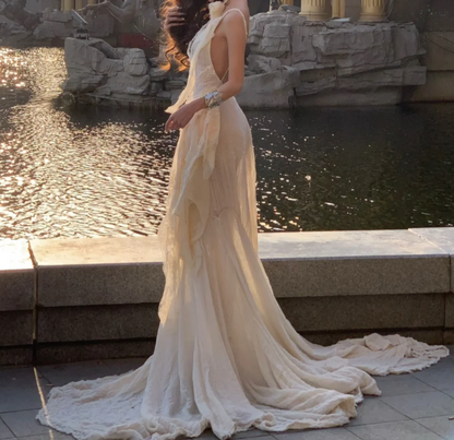 Ethereal Spaghetti Straps Prom Dress Lace Ruffles Mermaid Formal Dress GG7053