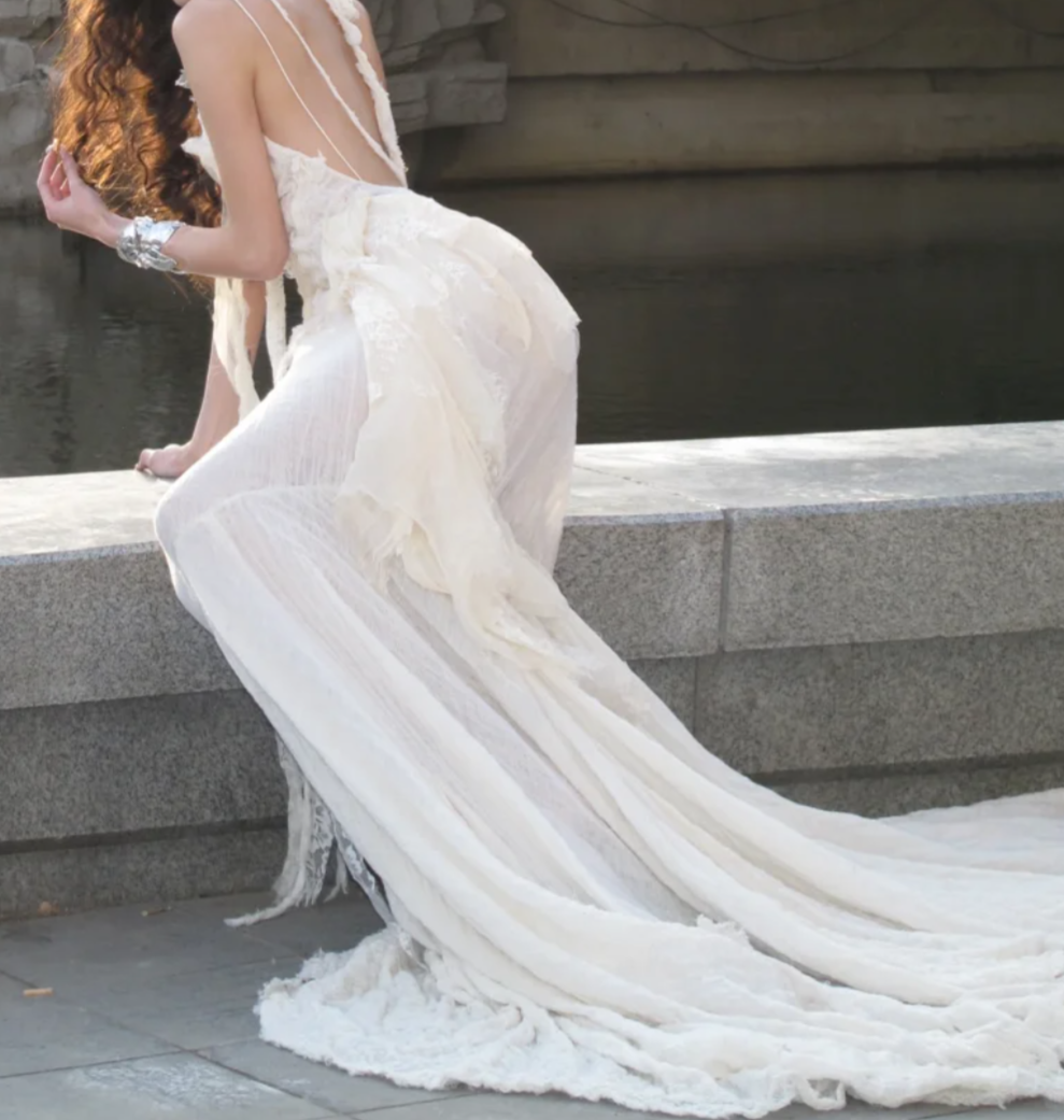 Ethereal Spaghetti Straps Prom Dress Lace Ruffles Mermaid Formal Dress GG7053