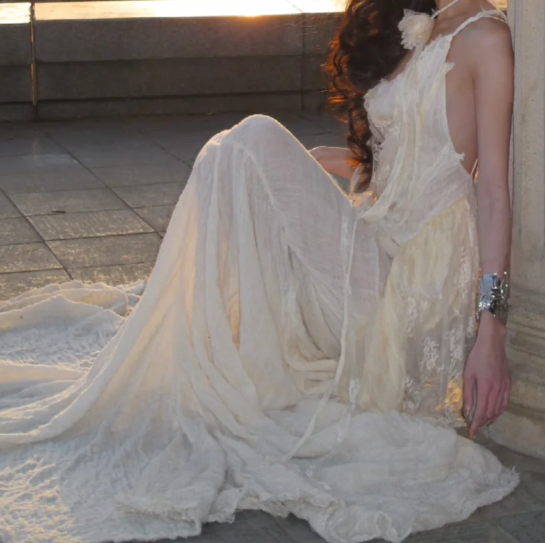 Ethereal Spaghetti Straps Prom Dress Lace Ruffles Mermaid Formal Dress GG7053