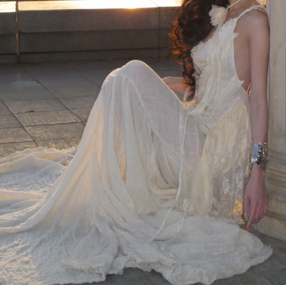 Ethereal Spaghetti Straps Prom Dress Lace Ruffles Mermaid Formal Dress GG7053