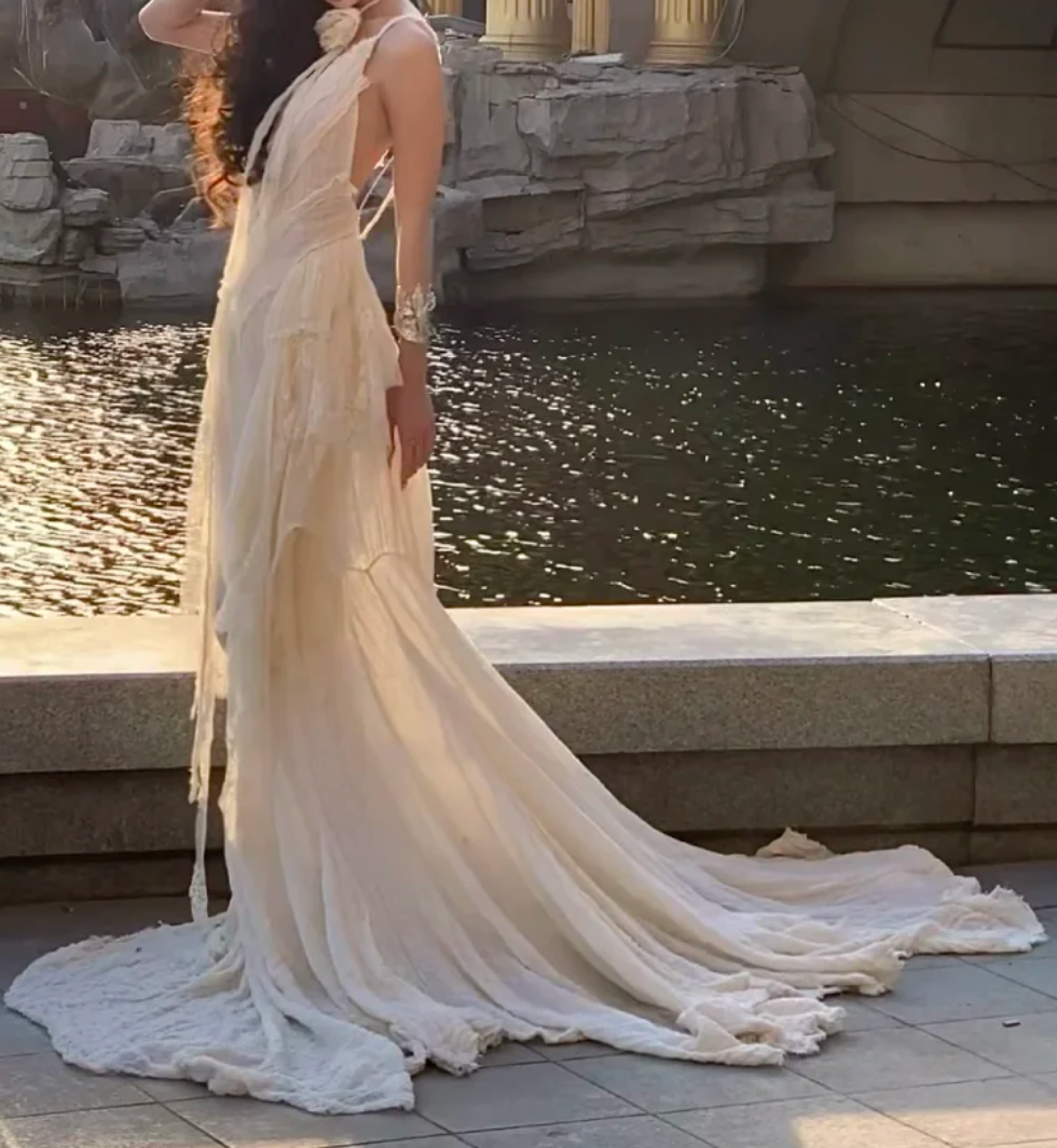 Ethereal Spaghetti Straps Prom Dress Lace Ruffles Mermaid Formal Dress GG7053