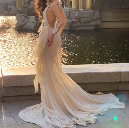 Ethereal Spaghetti Straps Prom Dress Lace Ruffles Mermaid Formal Dress GG7053