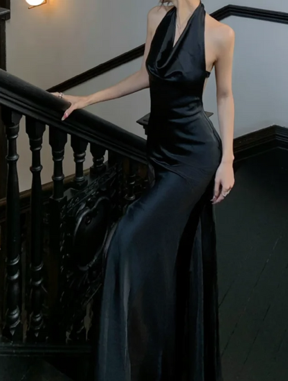 Romantic Draped Halter Neck Prom Dress Black Backless Mermaid Formal Dress GG7054