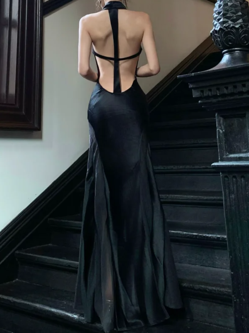 Romantic Draped Halter Neck Prom Dress Black Backless Mermaid Formal Dress GG7054
