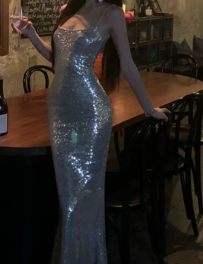 Glittering Spaghetti Straps Silver Prom Dress Sequins Mermaid Formal Dress GG7055
