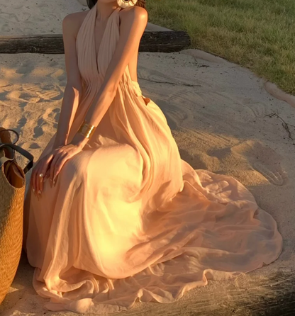 Flowy Halter Neck Pink Prom Dress Backless A-Line Formal Dress GG7056