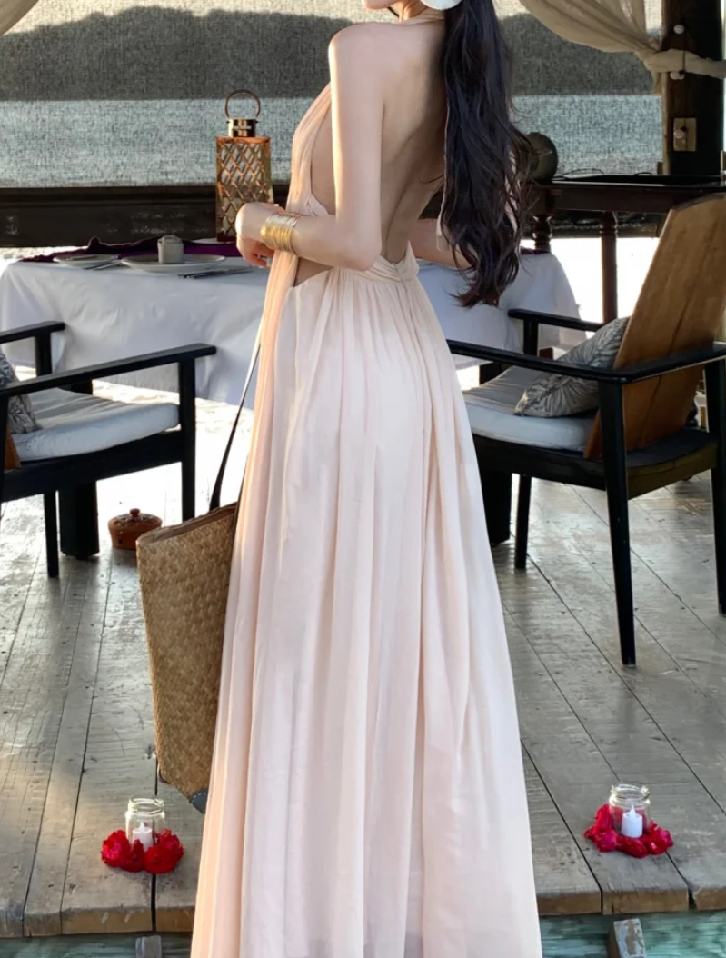 Flowy Halter Neck Pink Prom Dress Backless A-Line Formal Dress GG7056