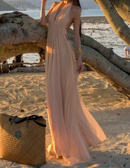 Flowy Halter Neck Pink Prom Dress Backless A-Line Formal Dress GG7056