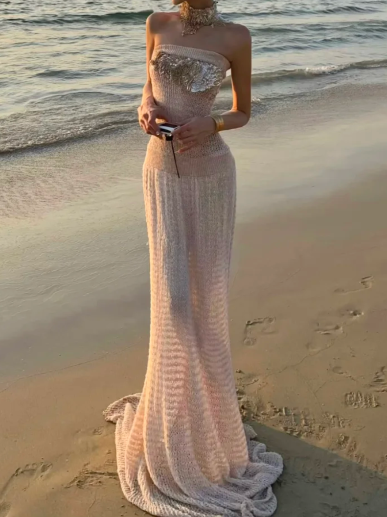 Romantic Strapless Pink Prom Dress Sequins Sheath Formal Dress GG7058