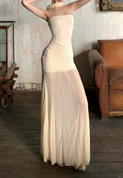Vintage Halter Neck Prom Dress With Scarf Beige Mermaid Formal Dress GG7060