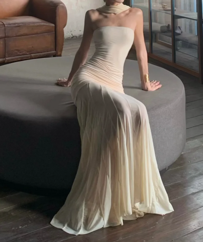 Vintage Halter Neck Prom Dress With Scarf Beige Mermaid Formal Dress GG7060