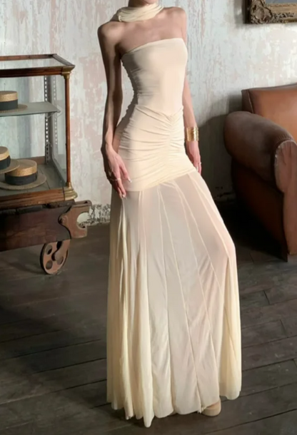 Vintage Halter Neck Prom Dress With Scarf Beige Mermaid Formal Dress GG7060
