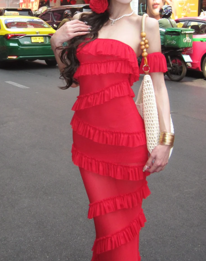 Charming Off-Shoulder Red Prom Dress Tiered Sheath Formal Dress GG7061