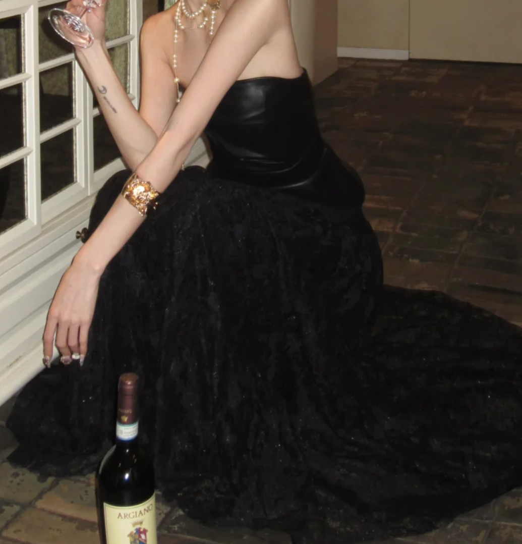 Chic Strapless Black Prom Dress Lace Tulle A-Line Formal Dress GG7062