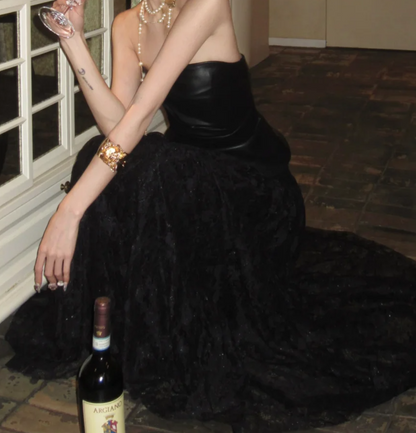 Chic Strapless Black Prom Dress Lace Tulle A-Line Formal Dress GG7062