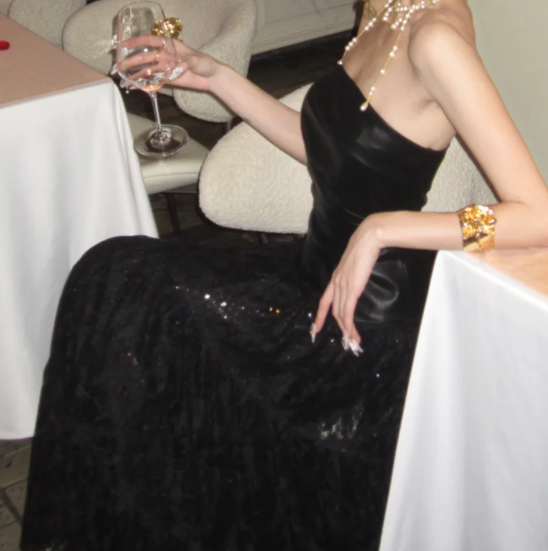 Chic Strapless Black Prom Dress Lace Tulle A-Line Formal Dress GG7062