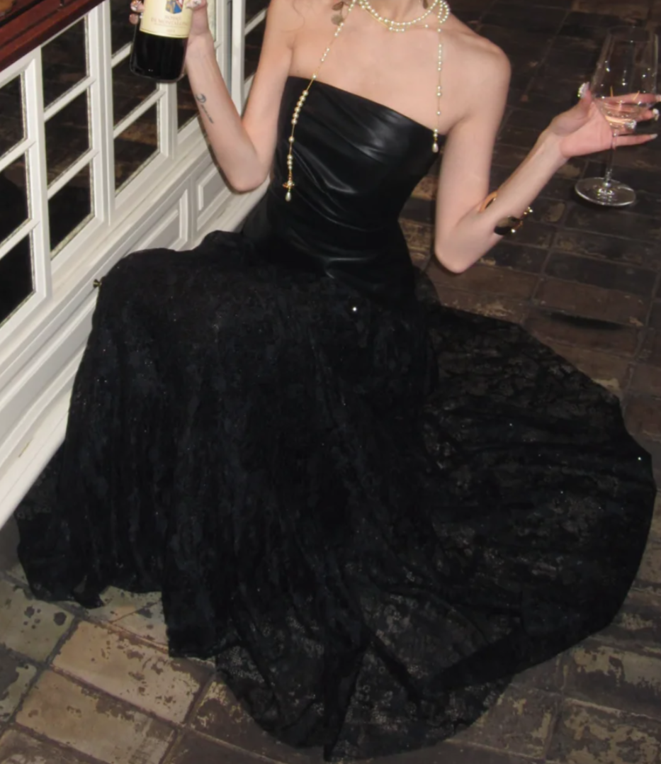 Chic Strapless Black Prom Dress Lace Tulle A-Line Formal Dress GG7062