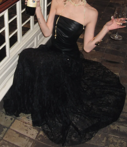 Chic Strapless Black Prom Dress Lace Tulle A-Line Formal Dress GG7062