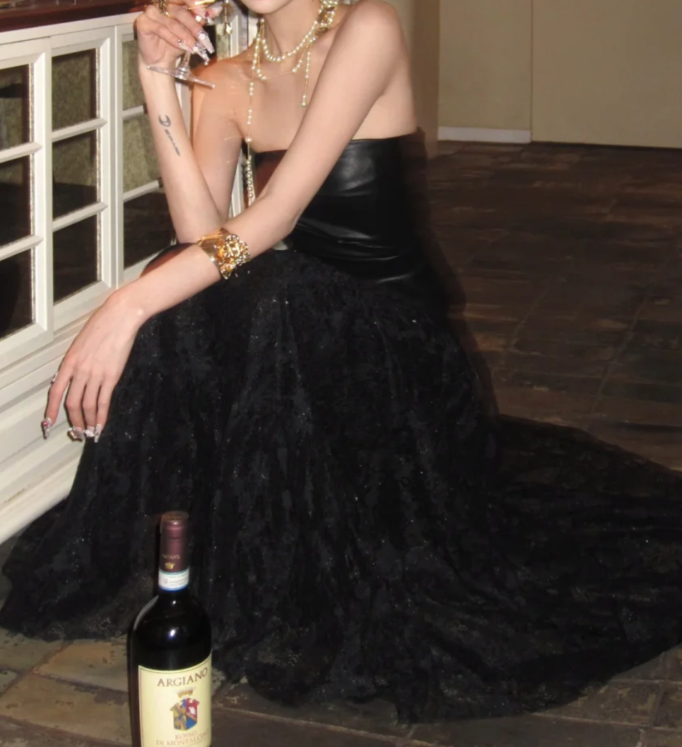 Chic Strapless Black Prom Dress Lace Tulle A-Line Formal Dress GG7062
