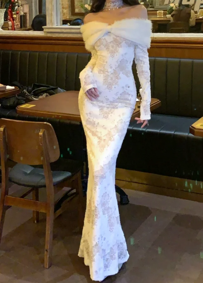 Glam Off-Shoulder White Prom Dress Lace Fur Mermaid Formal Dress GG7063