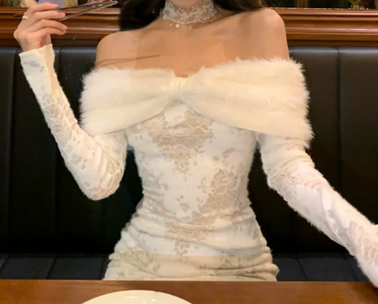 Glam Off-Shoulder White Prom Dress Lace Fur Mermaid Formal Dress GG7063