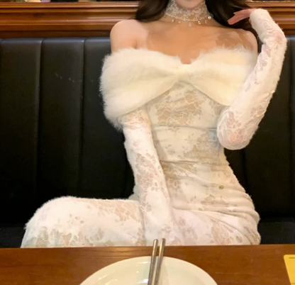 Glam Off-Shoulder White Prom Dress Lace Fur Mermaid Formal Dress GG7063