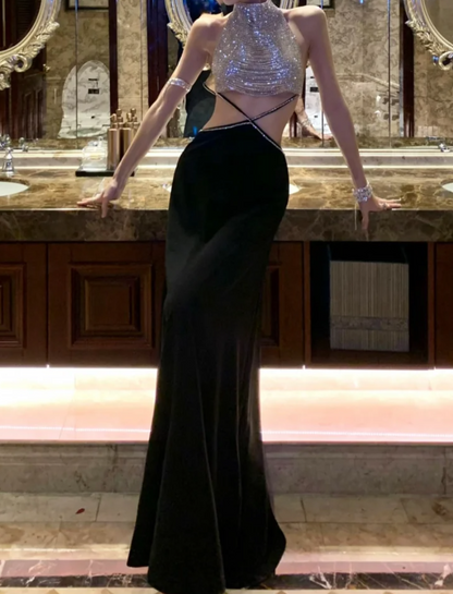 Trendy Halter Neck Beaded Prom Dress Black Cutouts Mermaid Formal Dress GG7064