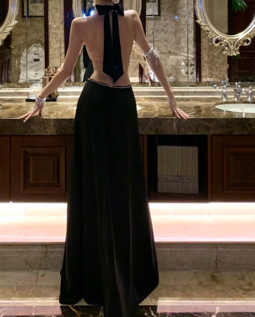 Trendy Halter Neck Beaded Prom Dress Black Cutouts Mermaid Formal Dress GG7064